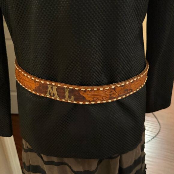 Navajo handmade silver with turquoise belt buckle and embossed leather belt main image 4